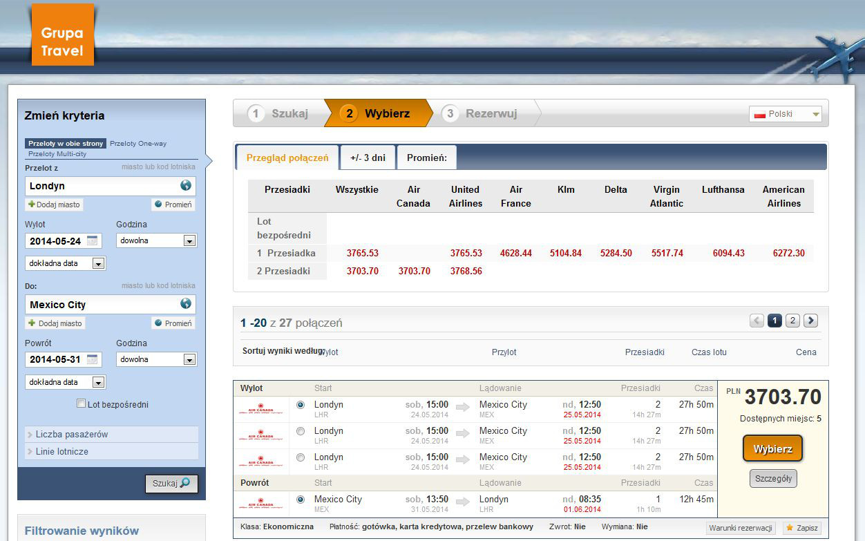 Grupa Travel - lista wyników